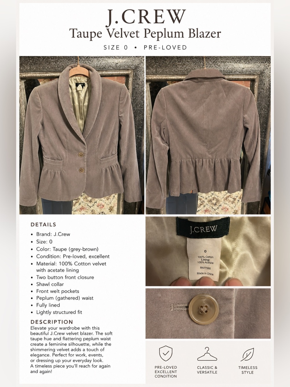 J. Crew Taupe Velvet Peplum Blazer